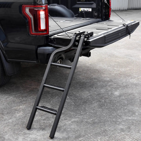 42 Inch Foldable Tailgate Ladder For Pickup Trucks Universal Fit Easy Access Built Tough Heavy Duty Aluminum Step Supports Up To 600 Lbs Works With Most Trucks Tailgate Width 51 Inches Or Wider And Ground Clearance Under 42 Inches, mounted on pickup tailgate