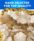 Close-up of a cracked geode with sparkling crystal interior from Crack Open 15 Premium Geodes Science Kit With Goggles And Three Display Stands For Kids - Epic STEM Geology Gift That Lets You Break Open Geodes To Reveal Crystals And Hidden Minerals.