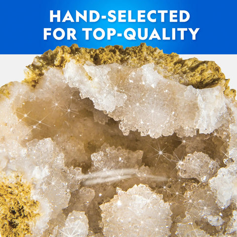 Close-up of a cracked geode with sparkling crystal interior from Crack Open 15 Premium Geodes Science Kit With Goggles And Three Display Stands For Kids - Epic STEM Geology Gift That Lets You Break Open Geodes To Reveal Crystals And Hidden Minerals.