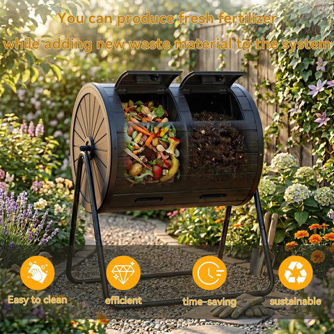 Dual Chamber Compost Bin Tumbler For Outdoors 37.5 Gallon in garden with visible compost and food scraps