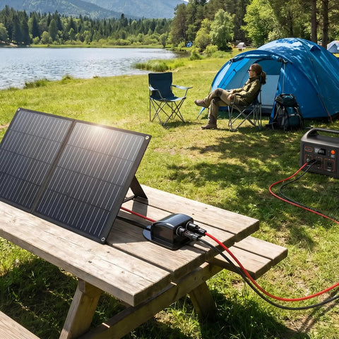 Solar Cable Entry Gland with 10ft 10AWG Extension Cable and MC-4 Connectors for RV Camper near tent and lake