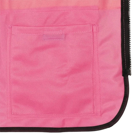 Close-up of pocket detail on Womens Hi Vis Safety Vest With Pockets, Class 1 Reflective Tape, Pink, Construction Ready And Lightweight.