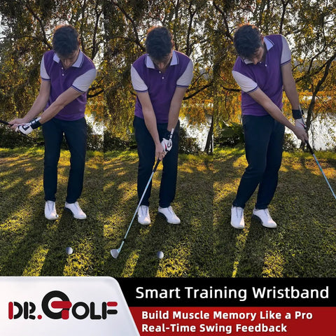 Golfer using Golf Wrist Band Swing Trainer for chips with real-time feedback under tree shade on grass.