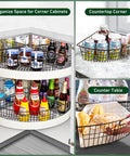 Heavy Duty Wire Lazy Susan Organizer Baskets Set Of Four Rust Resistant Corner Cabinet Storage With Secure Handles, 24 inch corner with rotating baskets.