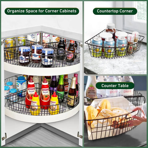 Heavy Duty Wire Lazy Susan Organizer Baskets Set Of Four Rust Resistant Corner Cabinet Storage With Secure Handles, 24 inch corner with rotating baskets.