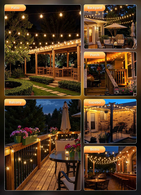 Dimmable Outdoor String Lights With Remote 100Ft Waterproof G40 LED Bulbs in patio, backyard, porch, balcony, gazebo, bistro settings
