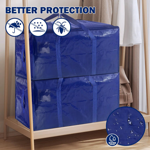 8 Pack Heavy Duty Large Moving Bags With Tough Zippers And Built In Carry Handles For Easy Heavy Lifting, Sturdy Clothes Storage Totes And Bins, Packing Bags For Moving Or College Dorms, Dark Blue 24 Gallon showing water resistance and protection icons in a room setting.