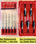 Woodworking Five Piece Depth Adjustable Countersink Drill Bit Set With Replacement Tapered Bits In A Tough Storage Case Size Six Nine Sixty Fourth Inch For Precise Finishes And Quick Setup In Cabinets Furniture And DIY Projects From FTG USA, open case with drill bits displayed