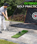 Man practicing golf on Tri Turf Golf Hitting Mat With Thick EVA Foam Base And Tri Turf Tiles with target net