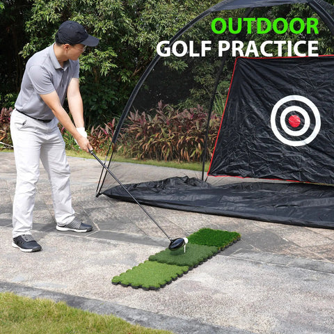 Man practicing golf on Tri Turf Golf Hitting Mat With Thick EVA Foam Base And Tri Turf Tiles with target net