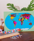 Montessori World Flags Set With 22 Inch Wooden Map And 36 Country Flags On Solid Beechwood For Kids on table display