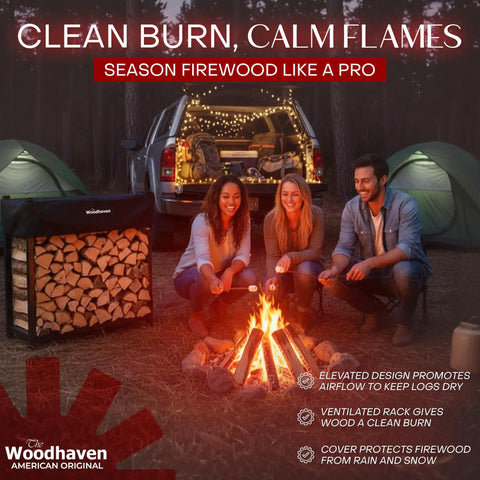 Group enjoying campfire with Built Tough Indoor Outdoor Firewood Rack Set, Heavy Duty Steel Log Storage Holder With Seasoning Cover, 48x48.