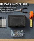 Three Piece Compact Dark Hardshell Toolbox Set Featuring Heavy Duty Waterproof Design For Engineers And Mechanics on gray surface.