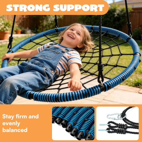 Child smiling on 40 Inch Spider Web Saucer Swing With 750Lb Capacity For Kids Outdoor Backyard Playground Net Swing Easy Assembly