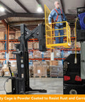 Tough As Nails Heavy Duty Forklift Man Basket And Safety Cage With 1300 Pound Capacity for aerial work in a warehouse.