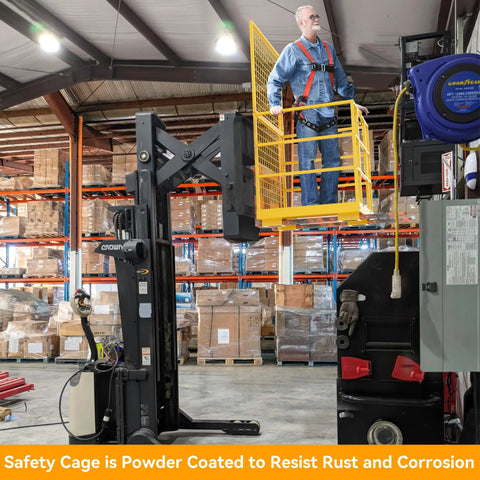Tough As Nails Heavy Duty Forklift Man Basket And Safety Cage With 1300 Pound Capacity for aerial work in a warehouse.