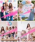 Big Time Gender Reveal Sprayers 2 Pack Biodegradable Color Powder Blasters creating pink smoke at a lively baby shower.