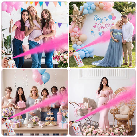 Big Time Gender Reveal Sprayers 2 Pack Biodegradable Color Powder Blasters creating pink smoke at a lively baby shower.