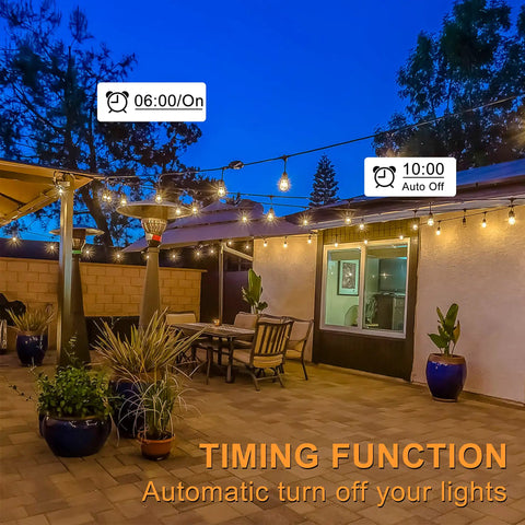 Outdoor String Light Dimmer Switch with 600W Capacity, 100 Foot Remote, Dusk to Dawn Timer used in patio at night
