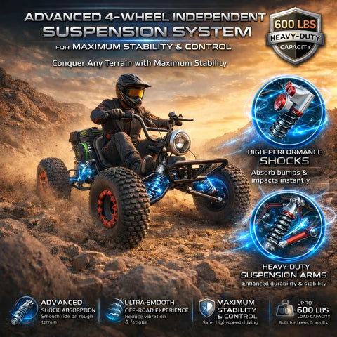 "212cc 4 Stroke Off Road Go Kart With CVT Automatic Transmission Hydraulic Disc Brakes Electric Start And Pull Start Neutral Forward Reverse 8 Inch All Terrain Tires LED Headlight Black Beast with rugged terrain suspension illustration."