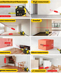 4 In 1 Laser Tape Measure With Level And 197 Ft Laser Distance Meter, 16 Ft Auto Lock Tape showing benchmark, area, volume and angle measurements