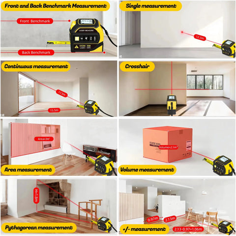 4 In 1 Laser Tape Measure With Level And 197 Ft Laser Distance Meter, 16 Ft Auto Lock Tape showing benchmark, area, volume and angle measurements