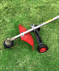 Adjustable Support Wheels For Weed Trimmer 26Mm And 28Mm ergonomic handle with red support and wheels on grass.