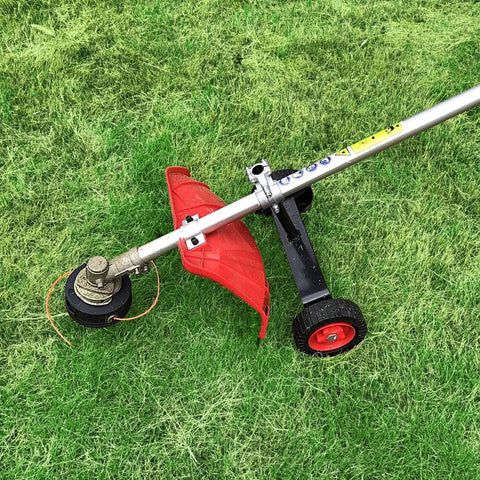 Adjustable Support Wheels For Weed Trimmer 26Mm And 28Mm ergonomic handle with red support and wheels on grass.