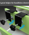 Two Pack Heavy Duty Large Drawer Installation Clamps With Three Millimeter Thickened Build For Rock Solid Holes And Zero Guesswork Cabinet Hardware Jig clamped on drawer edges.
