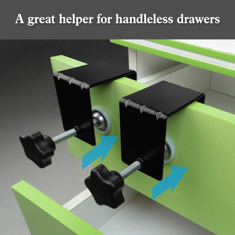 Two Pack Heavy Duty Large Drawer Installation Clamps With Three Millimeter Thickened Build For Rock Solid Holes And Zero Guesswork Cabinet Hardware Jig clamped on drawer edges.
