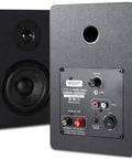 PB42X Powered Bookshelf Speakers With 30 Watt RMS, Near Field Studio Monitors, rear control panel and front grille view, black pair