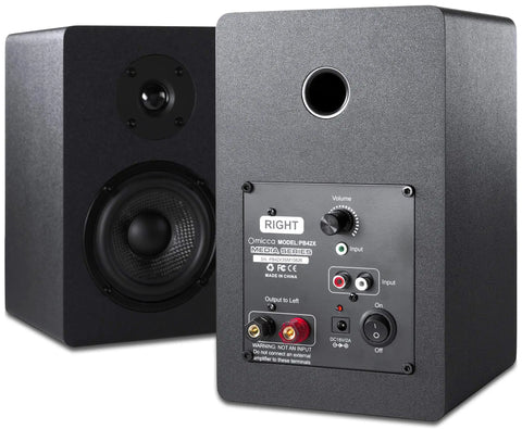 PB42X Powered Bookshelf Speakers With 30 Watt RMS, Near Field Studio Monitors, rear control panel and front grille view, black pair