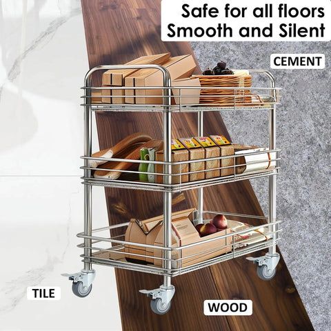 Metal utility cart with Set Of 4 Beefy 2 Inch Stem Caster Wheels Heavy Duty Swivel Locking Casters on wood, tile, and cement floors.