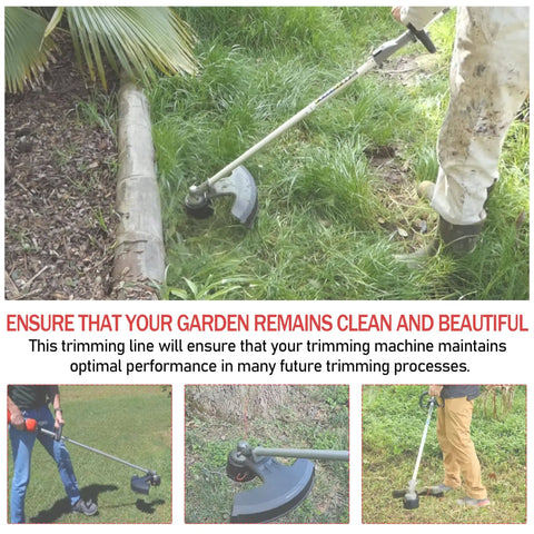 Person using a trimmer with Beefy 0.095 Inch Trimmer Line, 250 Feet Red Weed Eater String For Milwaukee 2725-20 in a garden.