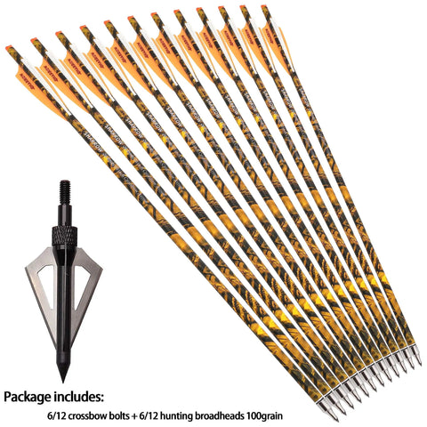 Go-To Pro Grade Carbon Crossbow Arrows 16 17 18 20 22 Inch With Screw-In Broadheads Camouflage Shafts 6-Pack