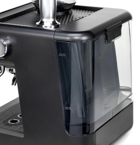 Next Level Semi Automatic Espresso Machine With Built In Grinder Steam Frother featuring a clear water reservoir and sleek black design.