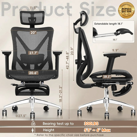 Ergonomic Office Chair With Footrest And 135 Degree Recline, Adjustable Lumbar Support, 3D Armrests, Large Steel Base, Heavy Duty Mesh