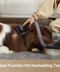 Game Changing Cordless Vacuum Cleaner With 850W Motor And 90 Minute Runtime Kicks Out Stubborn Pet Hair And Deep Grit For Effortless One Pass Cleaning Across Carpets And Smooth Hardwood Floors using a deshedding tool on a dog.