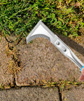 11.4 Inch Serrated Weeding Knife Set for Tight Crevices L Shape Crack Weeder Stainless Steel Garden Tool in action on path