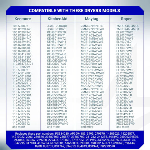 Compatibility chart for 2 Pack Dryer Door Latch Strike Kit 279570 Easy Install Fits GE Whirlpool Kenmore Roper KitchenAid Dryers