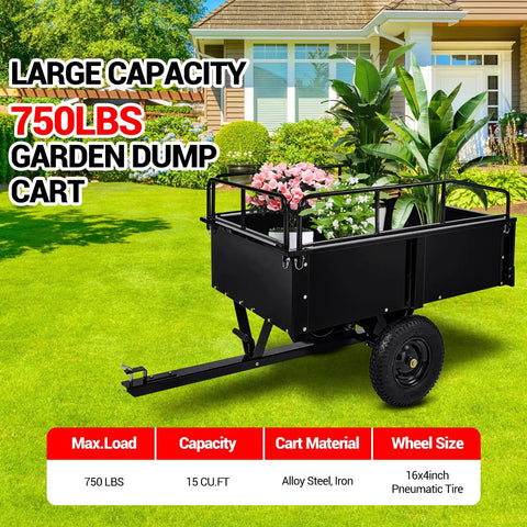 Beefy 15 Cu Ft Steel Dump Cart With All Terrain Tires, Dual Bearings, And Manual Or Foot Pedal Dump System, Holds Up To 1500 Lbs, Yard And Farm Hauler That Fits Lawn Tractors, ATVs, And UTVs on grass lawn.