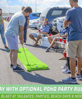 Group playing on BattlePutt 11 Ft Backyard Putting Green Pong Style Golf Mat With Two Putters Two Balls Twelve Hole Covers setup