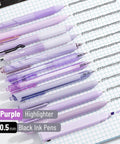 Pastel Purple Gel Pen Set 12 Pack With One Matching Highlighter Black Ink 0.5mm fine point pens on grid paper for journaling.