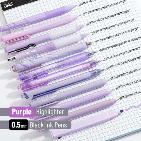 Pastel Purple Gel Pen Set 12 Pack With One Matching Highlighter Black Ink 0.5mm fine point pens on grid paper for journaling.
