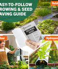 Collage of a guide book, outdoor garden beds, indoor gardener with plants, and hydroponic setup with greens visible