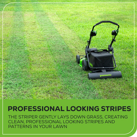 Lawn Stripe Kit For 16 To 22 Inch Mowers, Quick And Easy Grass Striper creates pro lines on grass with a Greenworks mower.