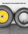 Two Pack Heavy Duty 13x5.00-6 Inner Tubes With TR13 Straight Valve next to yellow wheel, wheel not included