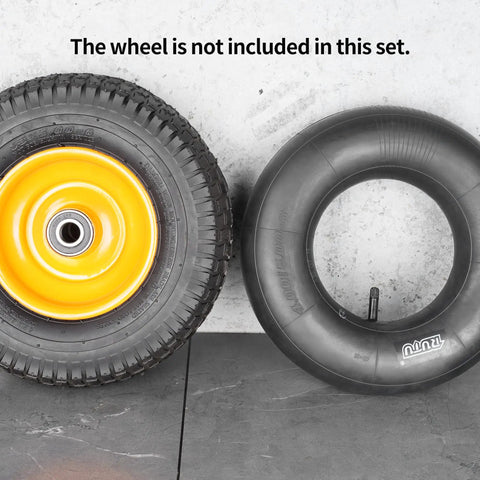Two Pack Heavy Duty 13x5.00-6 Inner Tubes With TR13 Straight Valve next to yellow wheel, wheel not included