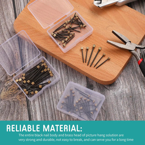 75 Piece Picture Hanging Nails Set In Three Sizes Small Medium Large With Brass Head And Black Steel Finish in boxes on table.