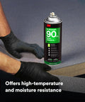 High Strength Spray Adhesive Glue Clear Fast Dry Formula 19 Oz Aerosol Can for Wood Metal Plastic and Fabric shown in use on surface.